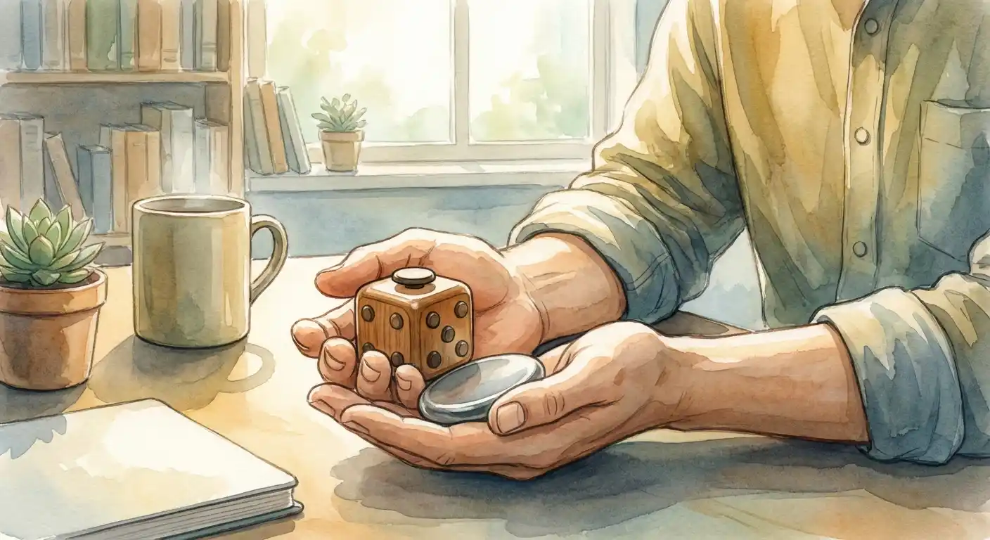 Adult hands using elegant fidget cube and focus tools at desk