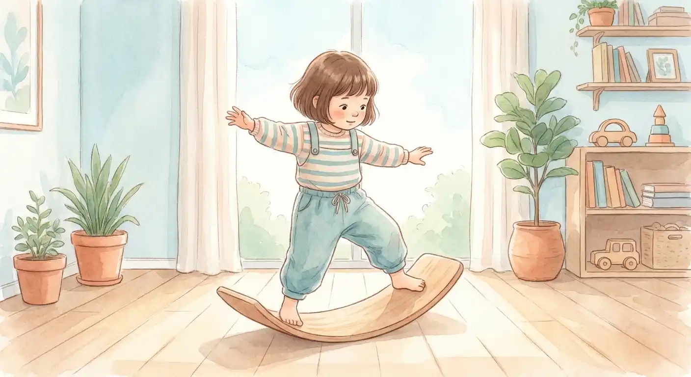 Child standing confidently on a wooden balance board for vestibular therapy