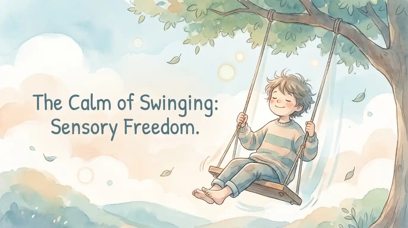 Child joyfully swinging with peaceful expression showing therapeutic benefits