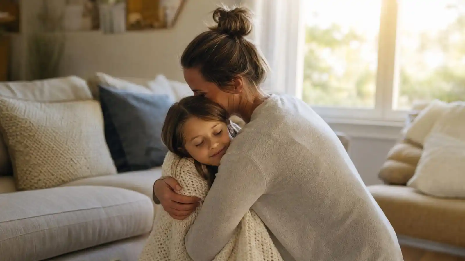 A parent giving a calm, firm hug to a child wrapped snugly in a soft blanket on a sunlit living room sofa