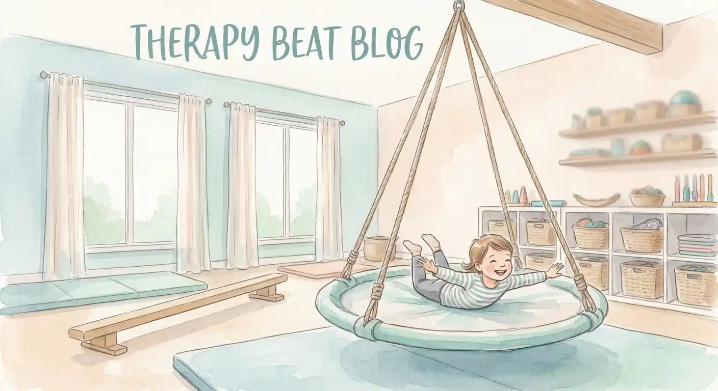 Child on platform swing for occupational therapy and vestibular input