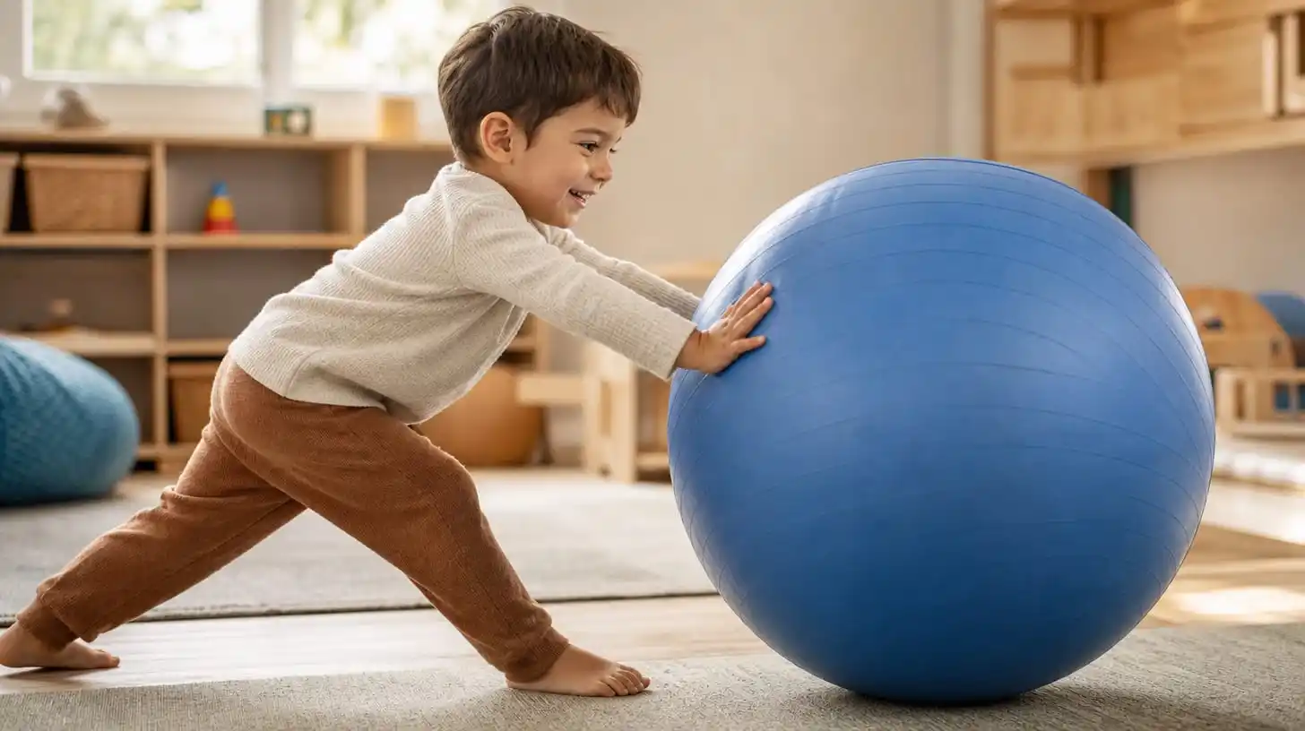 A young child pushing against a large therapy ball to build body awareness in a bright playroom