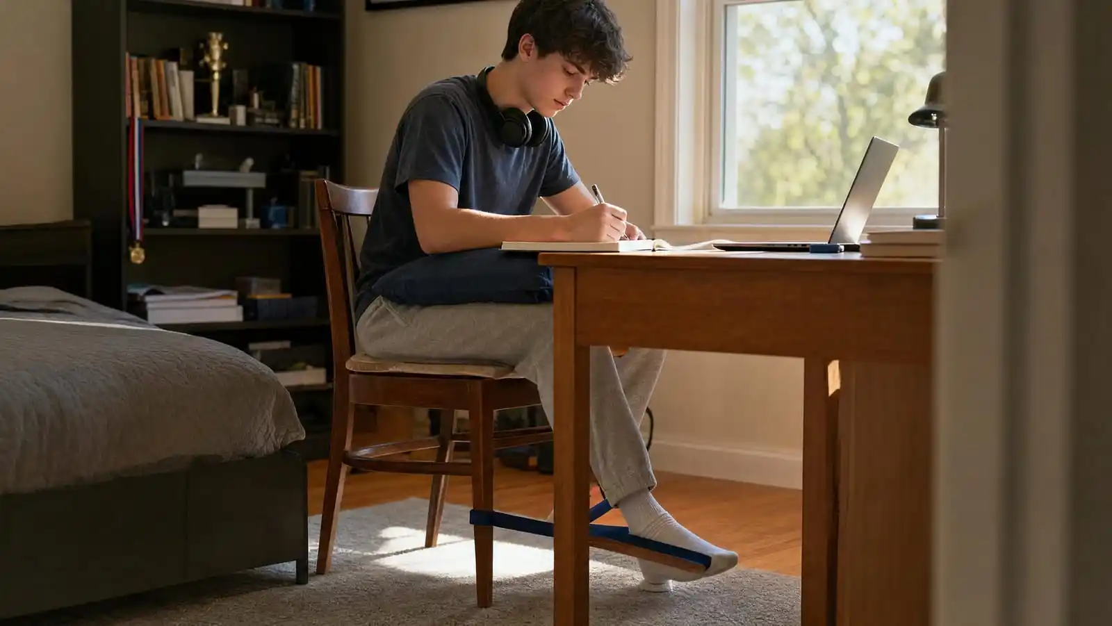 A teenager studying at a desk with a weighted lap pad across their thighs and a resistance band looped around the chair legs