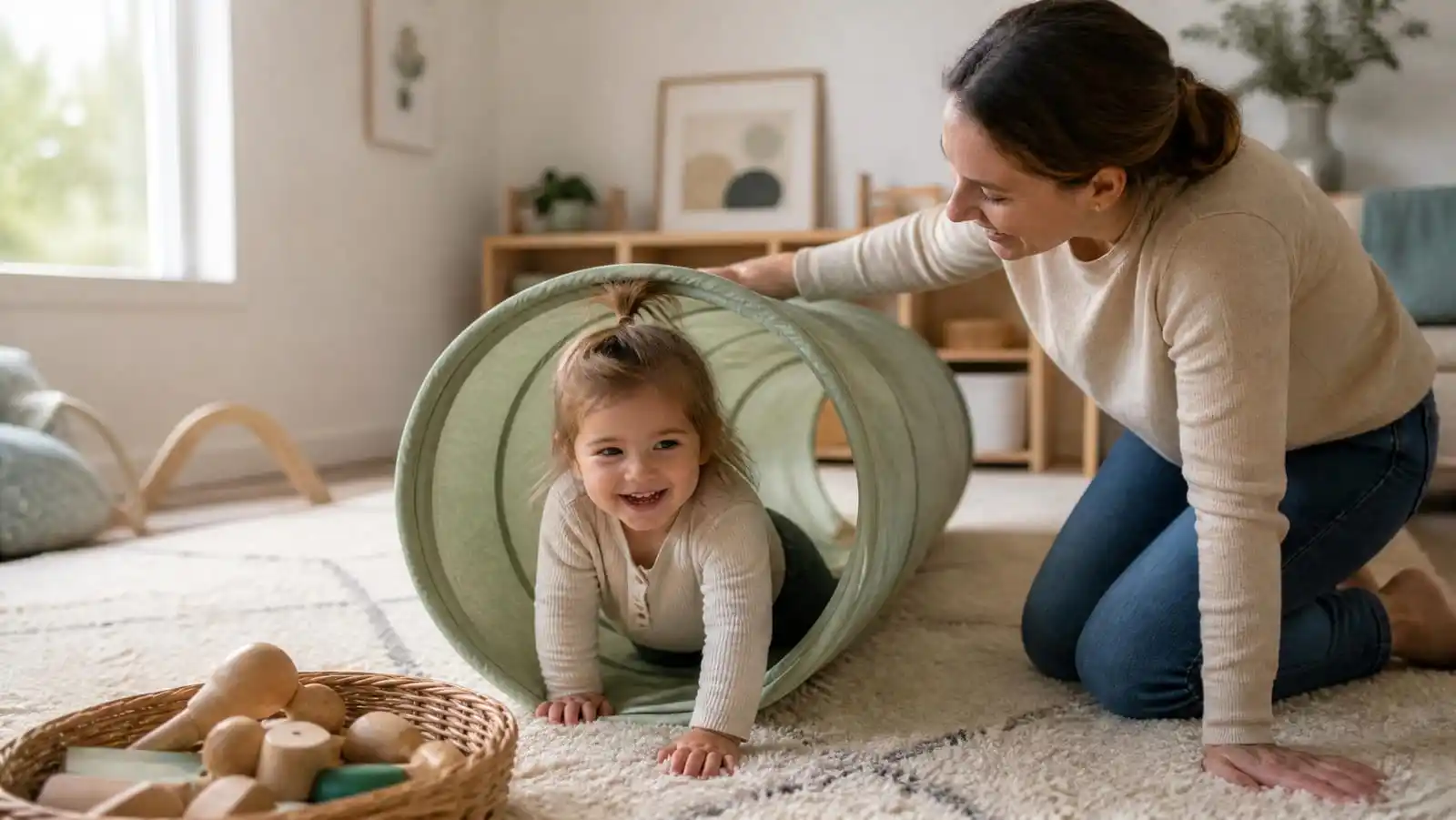 A toddler crawling through a soft fabric play tunnel while a parent kneels nearby, a proprioceptive activity for toddlers and preschoolers