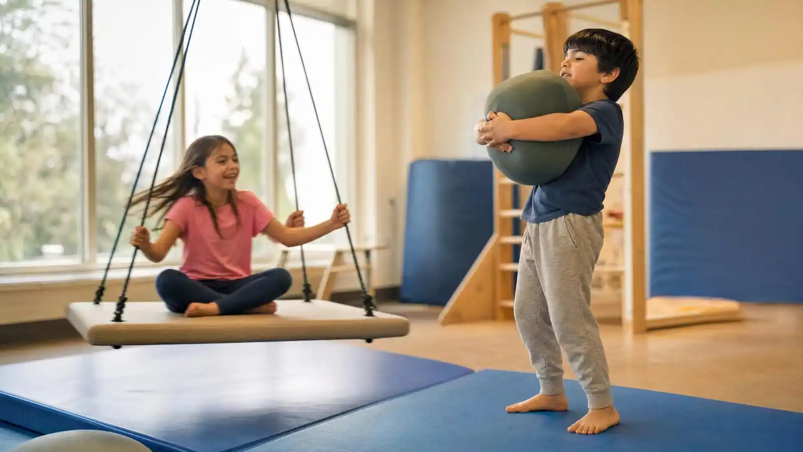 One child swinging on a platform swing for vestibular input while another carries a weighted ball for proprioceptive input in a bright occupational therapy gym