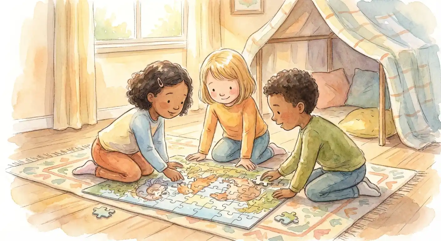 Children working together on a colorful jigsaw puzzle